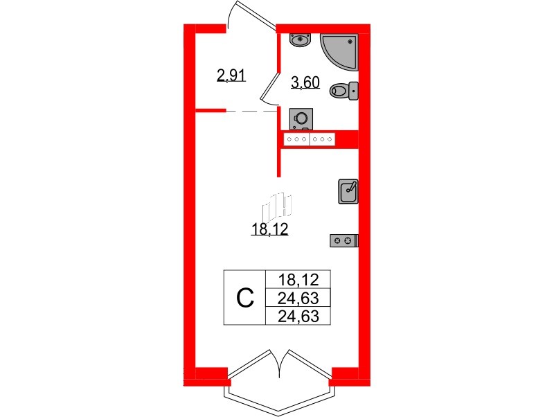 Квартира в ЖК Максималист, студия, 24.63 м², 17 этаж