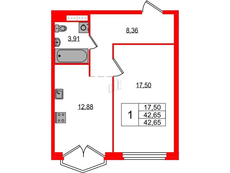Квартира в ЖК Максималист, 1 комнатная, 42.65 м², 16 этаж