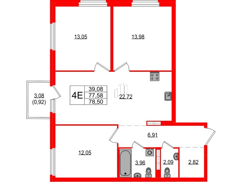 Квартира в ЖК Максималист, 3 комнатная, 78.5 м², 3 этаж