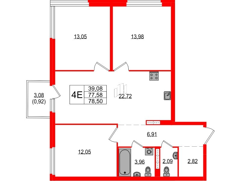 Квартира в ЖК Максималист, 3 комнатная, 78.5 м², 13 этаж