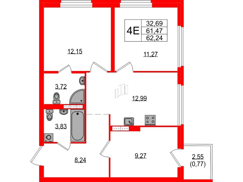 Квартира в ЖК Максималист, 3 комнатная, 62.24 м², 10 этаж