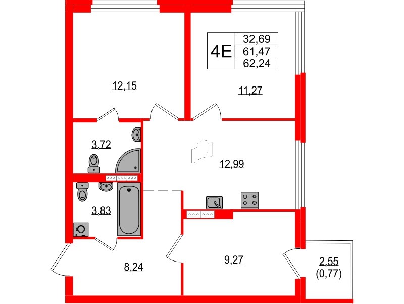 Квартира в ЖК Максималист, 3 комнатная, 62.24 м², 12 этаж