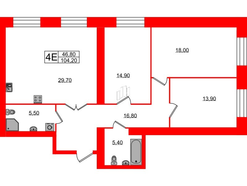 Квартира в ЖК Листва, 3 комнатная, 104.2 м², 2 этаж