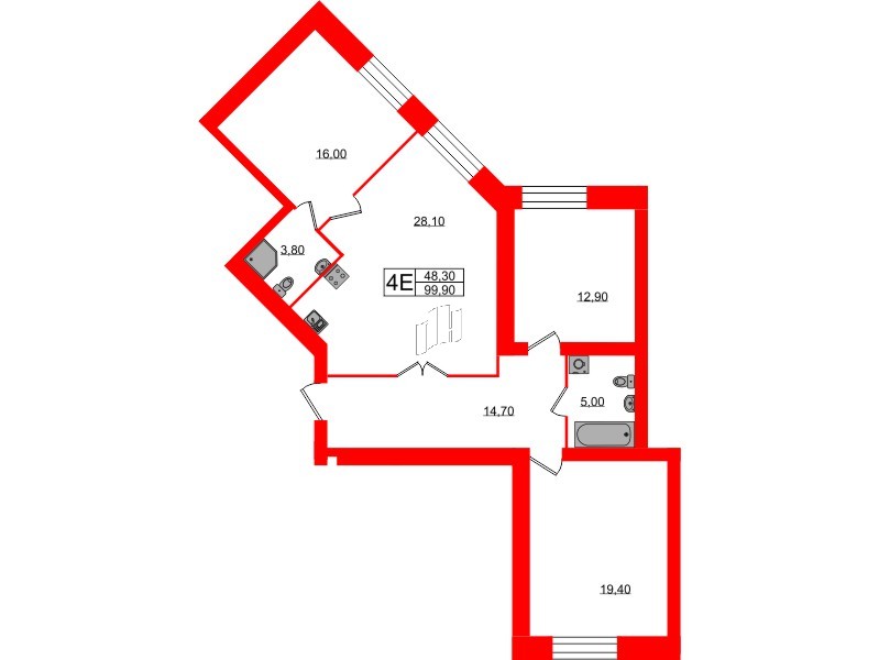 Квартира в ЖК «Листва», 3 комнатная, 99.9 м², 2 этаж