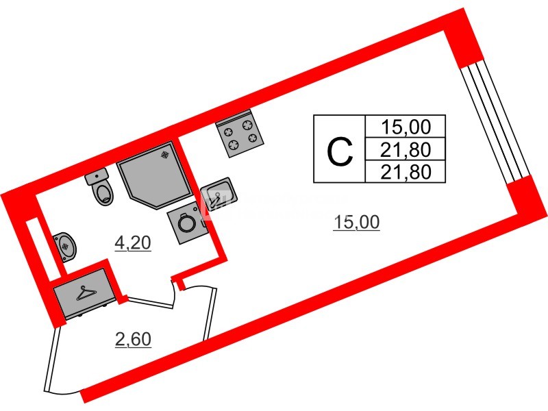 Квартира в ЖК «Пулково Лейк», студия, 21.8 м², 2 этаж
