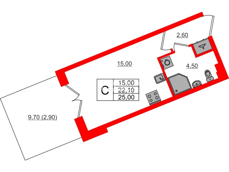 Квартира в ЖК «Пулково Lake», студия, 25 м², 1 этаж