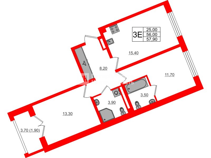 Квартира в ЖК «Пулково Lake», 2 комнатная, 57.9 м², 4 этаж