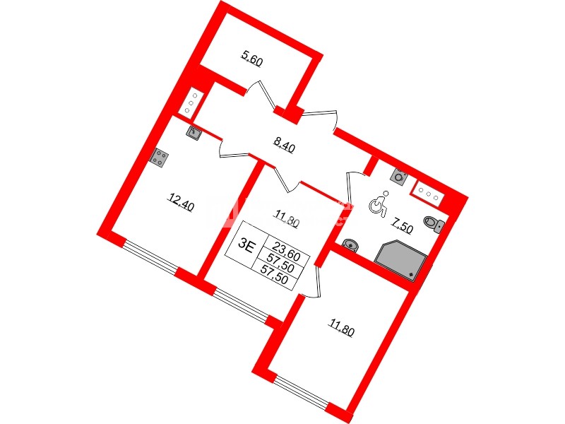 Квартира в ЖК «Ручьи–2», 2 комнатная, 57.5 м², 2 этаж
