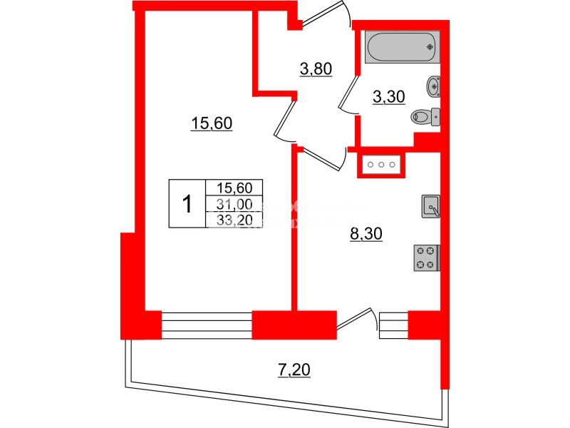 Квартира в ЖК Стороны Света, 1 комнатная, 33.2 м², 12 этаж