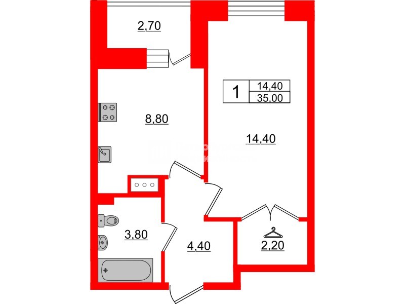 Квартира в ЖК Стороны Света, 1 комнатная, 35 м², 6 этаж