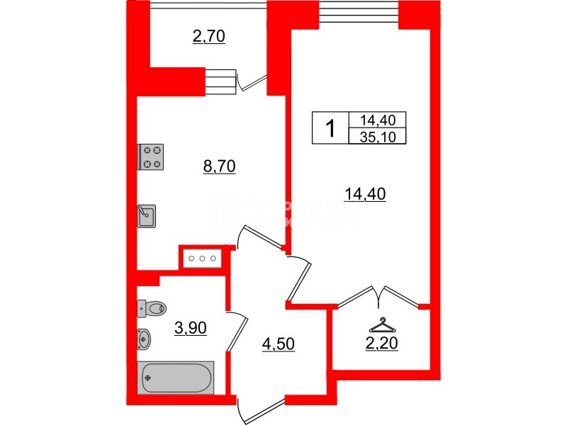 Квартира в ЖК Стороны Света, 1 комнатная, 35.1 м², 12 этаж