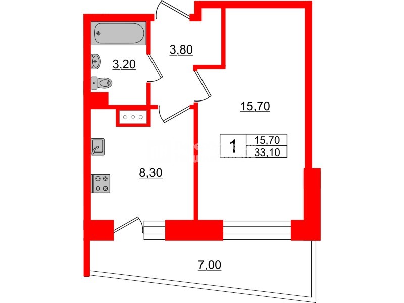 Квартира в ЖК Стороны Света, 1 комнатная, 33.1 м², 3 этаж