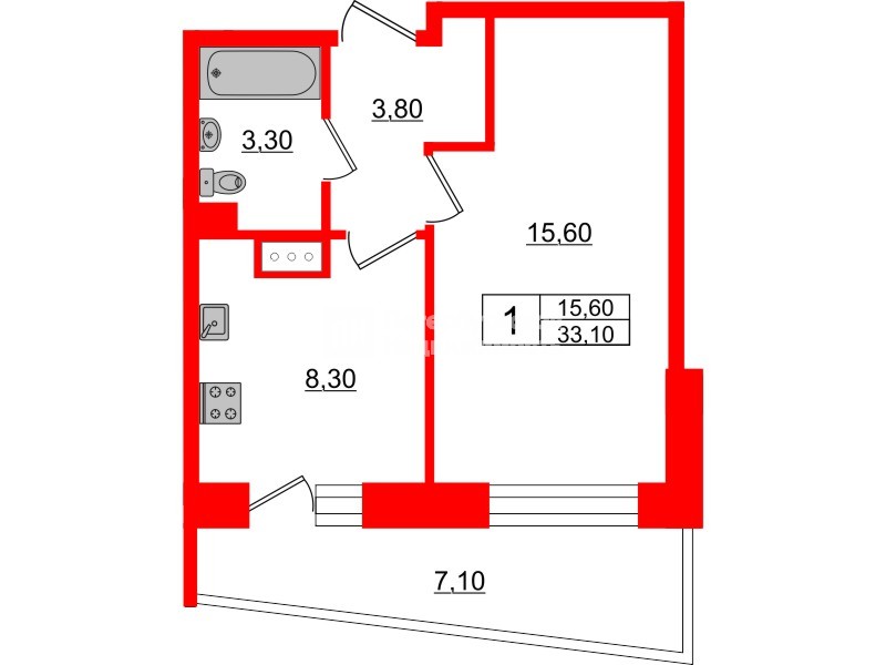 Квартира в ЖК Стороны Света, 1 комнатная, 33.1 м², 4 этаж