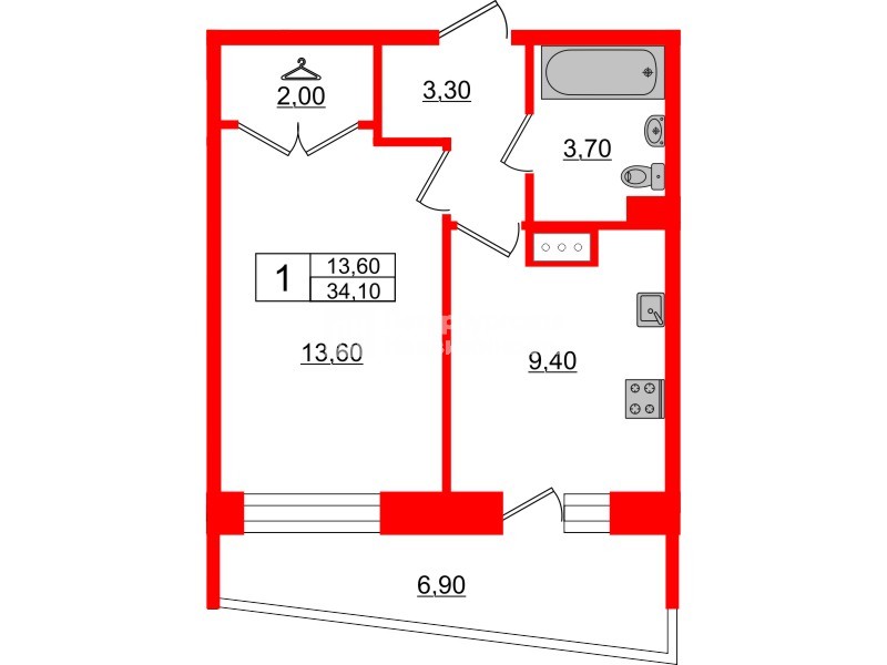 Квартира в ЖК Стороны Света, 1 комнатная, 34.1 м², 3 этаж