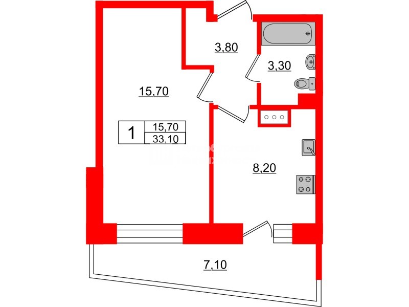 Квартира в ЖК Стороны Света, 1 комнатная, 33.1 м², 15 этаж