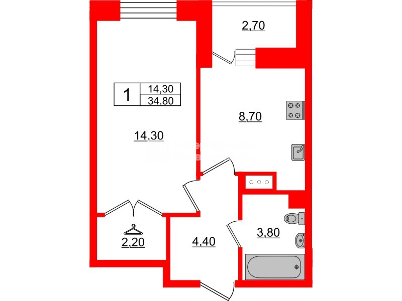 Квартира в ЖК Стороны Света, 1 комнатная, 34.8 м², 3 этаж