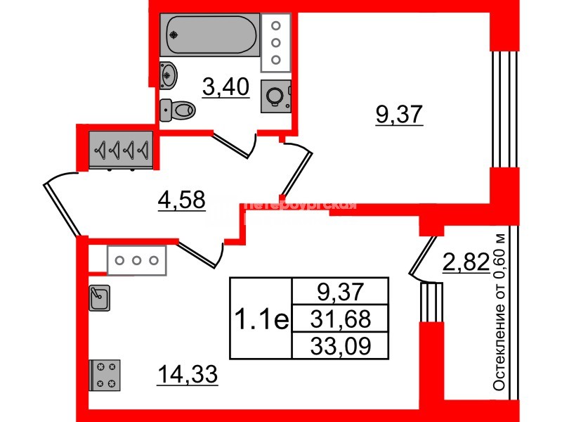 Квартира в ЖК «Город звёзд», 1 комнатная, 31.68 м², 22 этаж