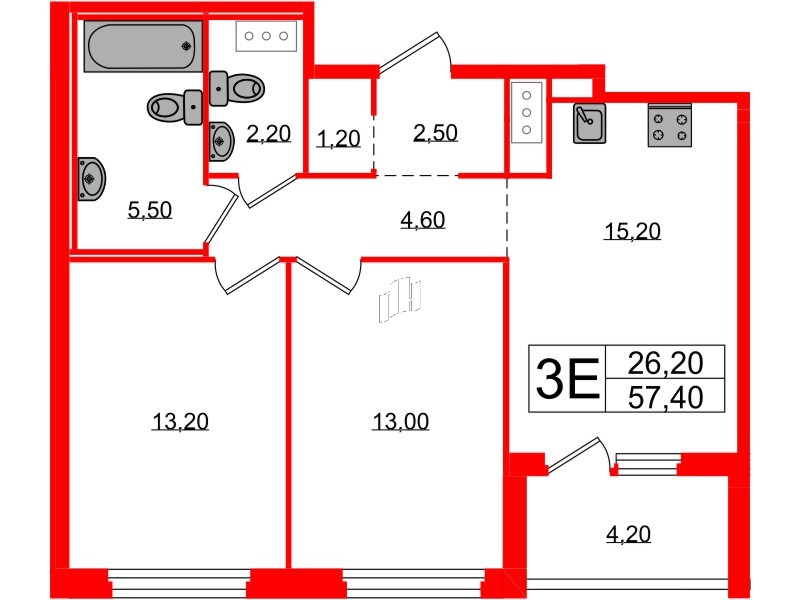 Квартира в ЖК «Литера», 2 комнатная, 57.4 м², 6 этаж