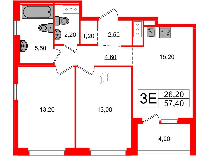 Квартира в ЖК «Литера», 2 комнатная, 57.4 м², 12 этаж