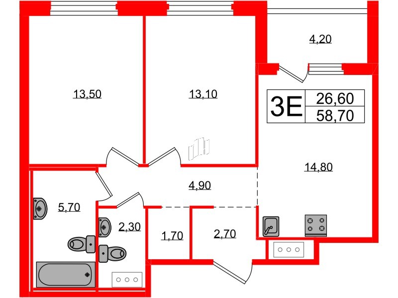 Квартира в ЖК «Литера», 2 комнатная, 58.7 м², 8 этаж