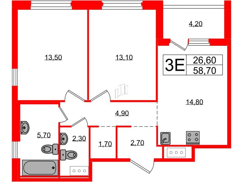 Квартира в ЖК «Литера», 2 комнатная, 58.7 м², 10 этаж