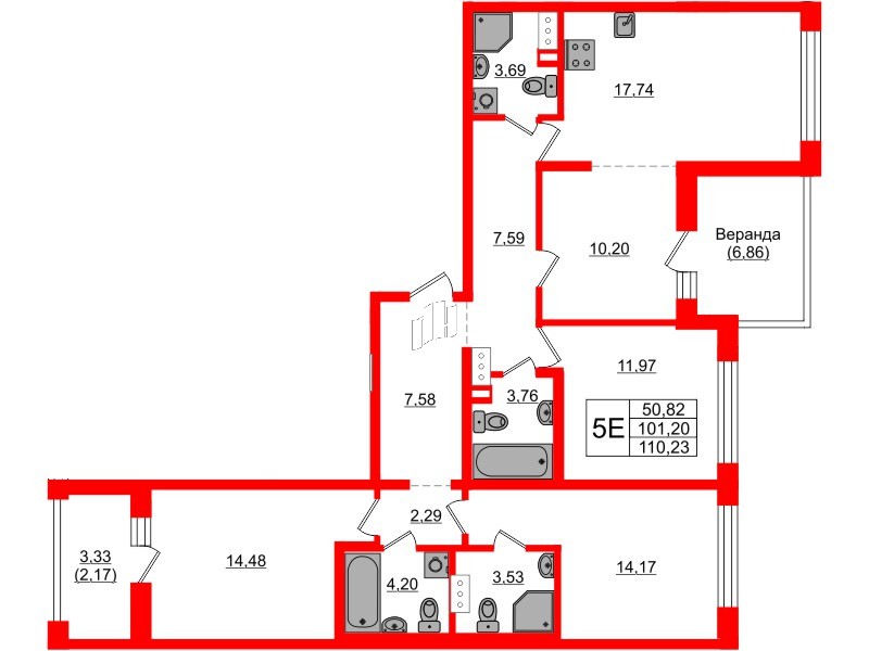 Квартира в ЖК «БФА в Озерках», 4 комнатная, 110.23 м², 7 этаж