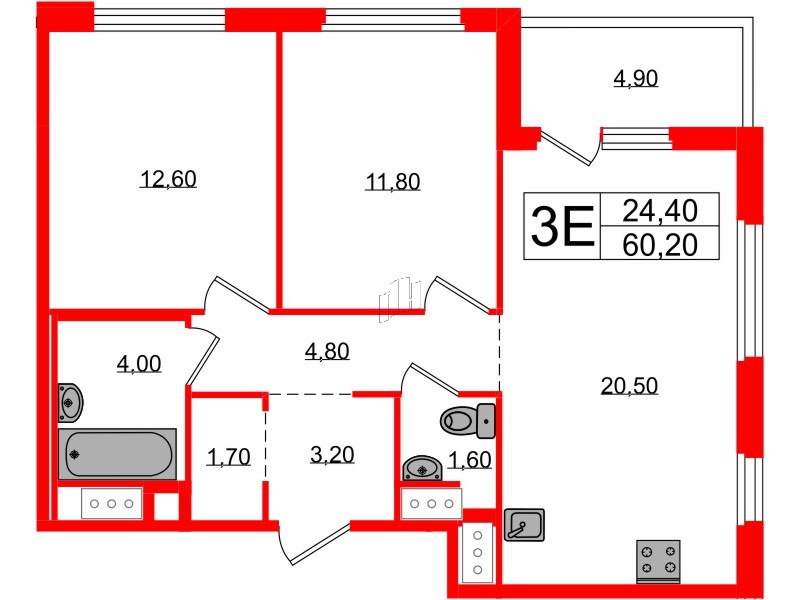 Квартира в ЖК «Литера», 2 комнатная, 60.2 м², 9 этаж
