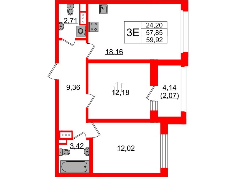 Квартира в ЖК «БФА в Озерках», 2 комнатная, 59.92 м², 5 этаж