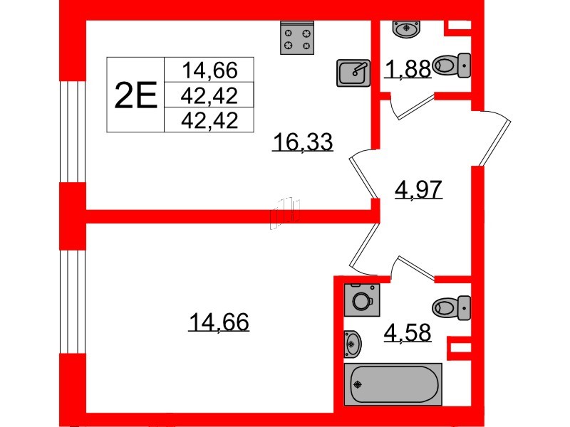 Квартира в ЖК «БФА в Озерках», 1 комнатная, 42.42 м², 1 этаж