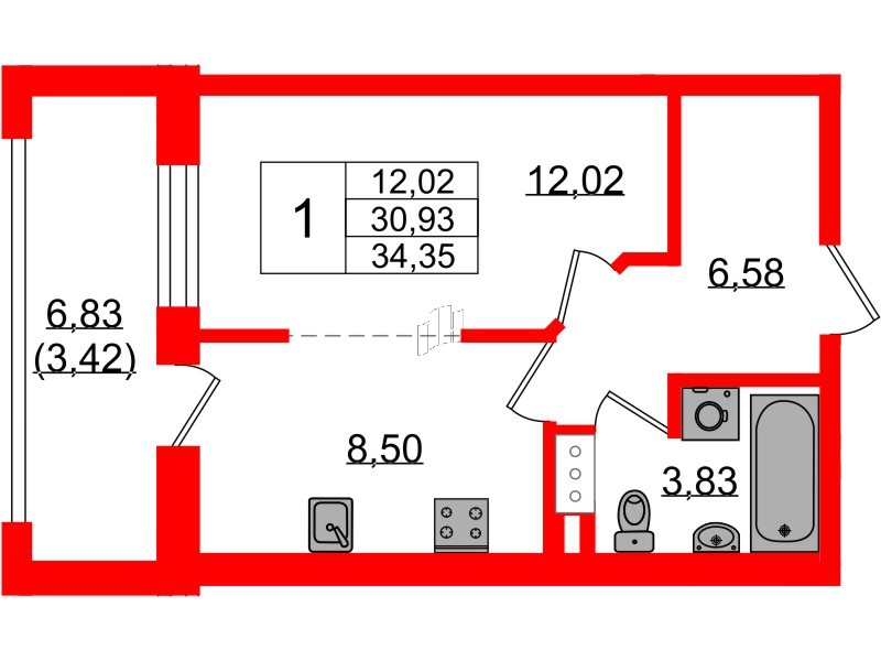 Квартира в ЖК «БФА в Озерках», 1 комнатная, 34.35 м², 4 этаж