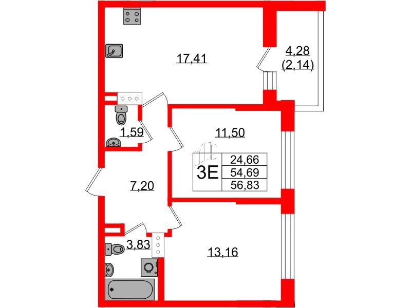Квартира в ЖК «БФА в Озерках», 2 комнатная, 56.83 м², 6 этаж