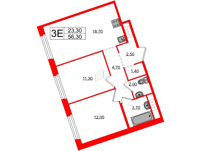 Квартира в ЖК «Литера», 2 комнатная, 56.3 м², 7 этаж