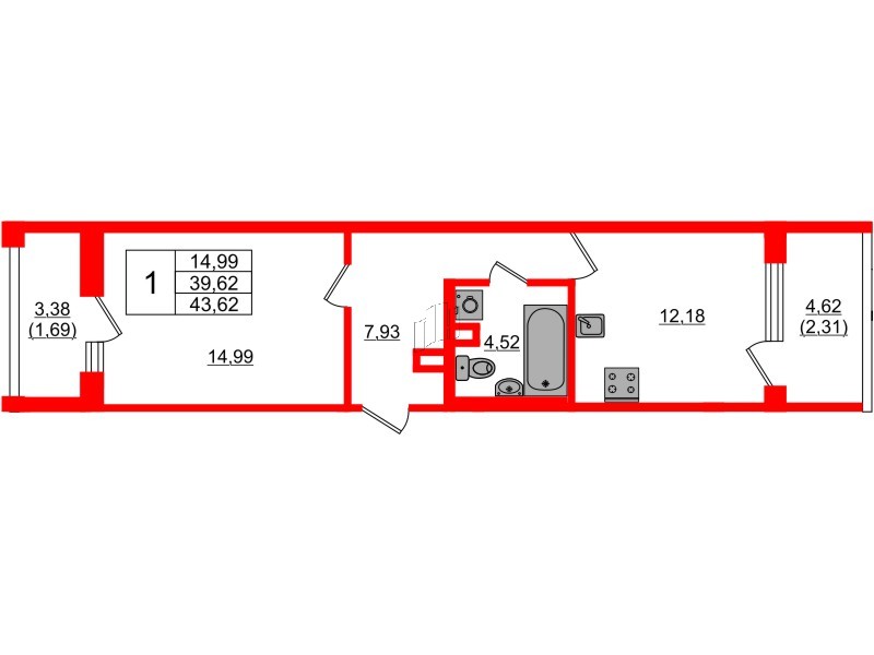 Квартира в ЖК «БФА в Озерках», 1 комнатная, 43.62 м², 1 этаж