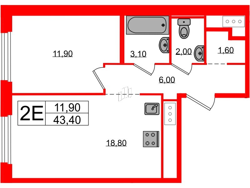 Квартира в ЖК «Литера», 1 комнатная, 43.4 м², 8 этаж