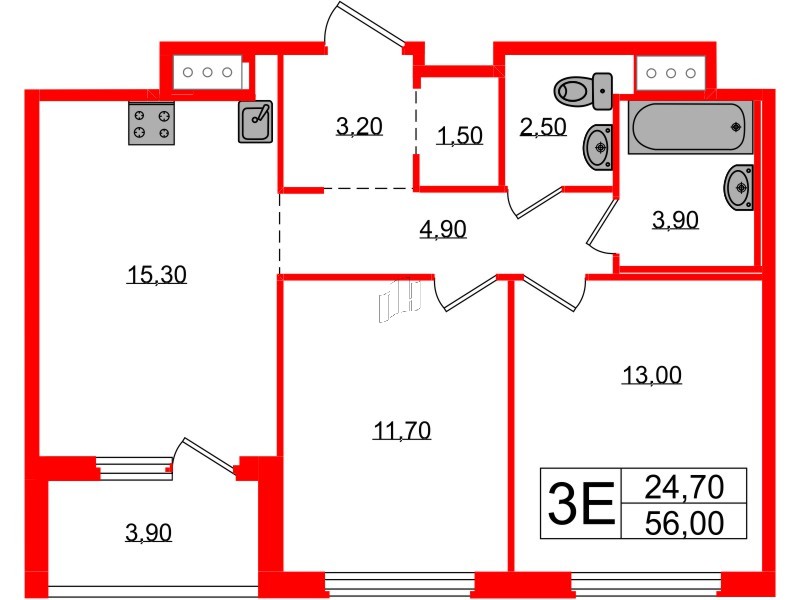 Квартира в ЖК «Литера», 2 комнатная, 56 м², 9 этаж
