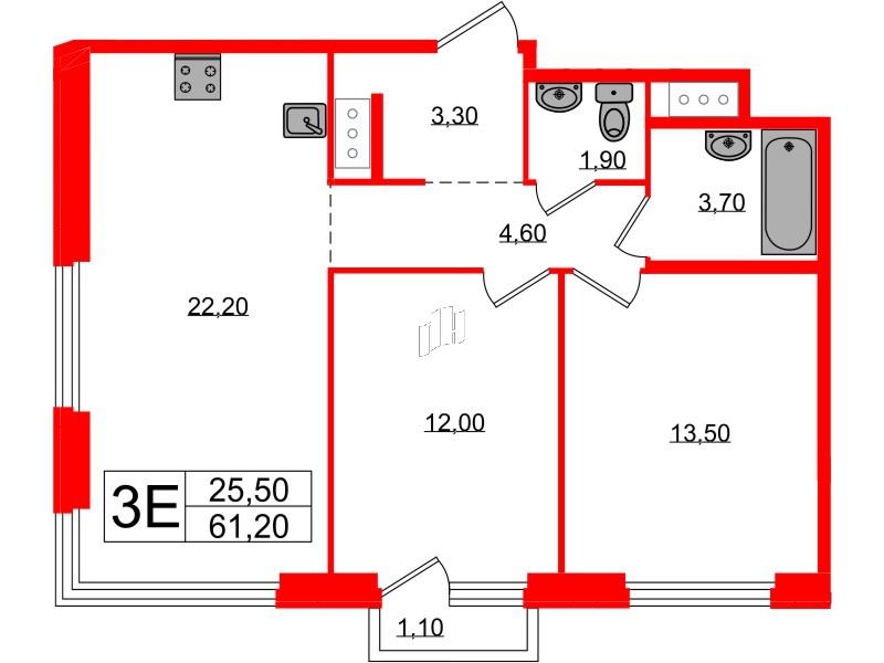 Квартира в ЖК «Литера», 2 комнатная, 61.2 м², 8 этаж