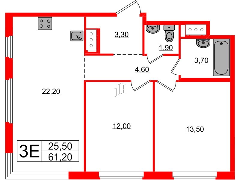 Квартира в ЖК «Литера», 2 комнатная, 61.2 м², 12 этаж