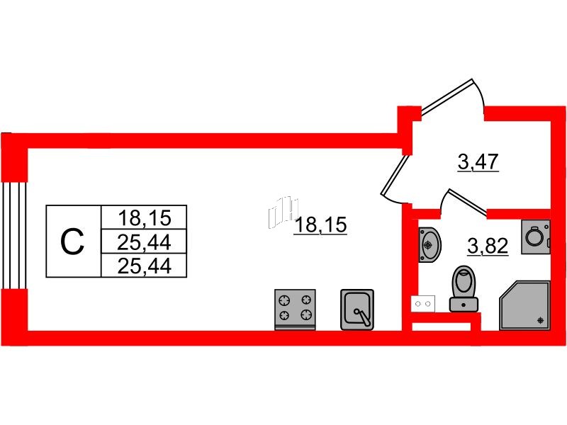Квартира в ЖК «Новая история», студия, 25.44 м², 2 этаж