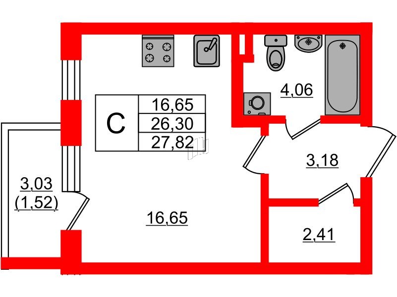 Квартира в ЖК «Новая история», студия, 27.82 м², 2 этаж