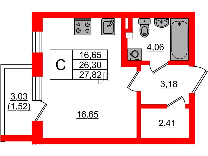 Квартира в ЖК «Новая история», студия, 27.82 м², 3 этаж