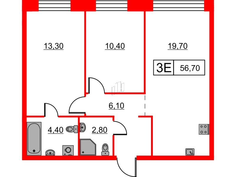 Квартира в ЖК Шкиперский, 19, 2 комнатная, 56.7 м², 11 этаж