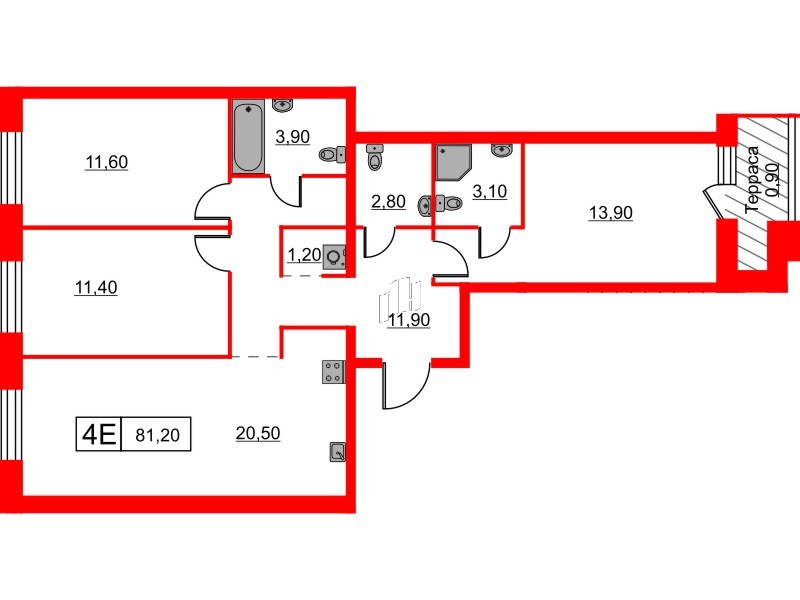 Квартира в ЖК Шкиперский, 19, 3 комнатная, 81.2 м², 12 этаж
