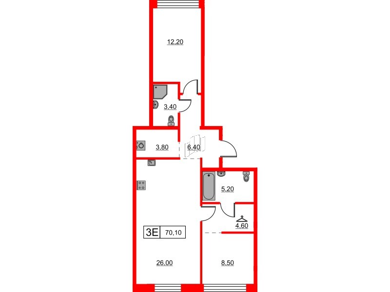 Квартира в ЖК Шкиперский, 19, 2 комнатная, 70.1 м², 1 этаж