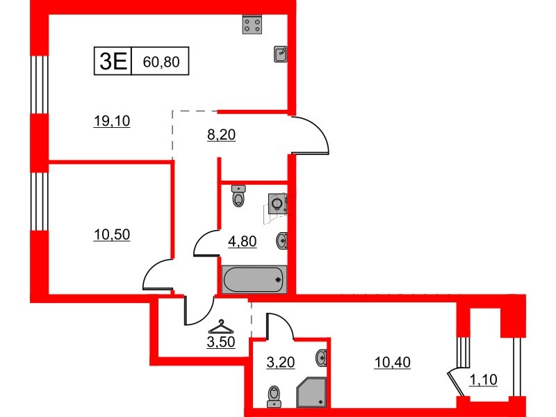 Квартира в ЖК Шкиперский, 19, 2 комнатная, 60.8 м², 6 этаж