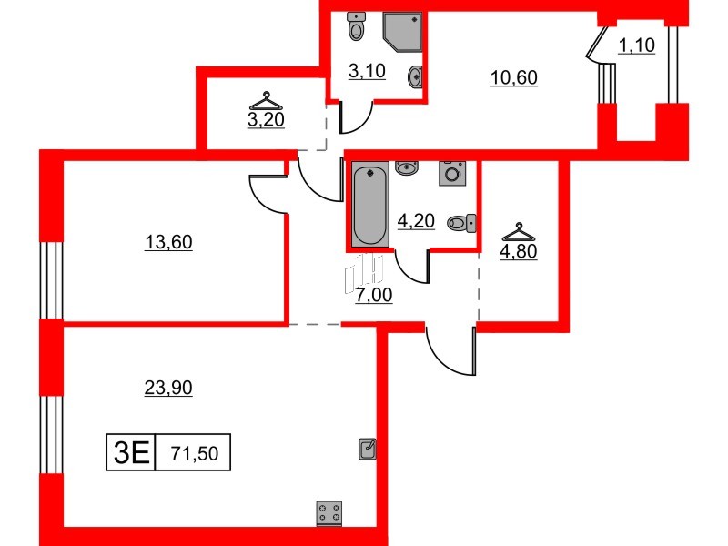 Квартира в ЖК Шкиперский, 19, 2 комнатная, 71.5 м², 8 этаж
