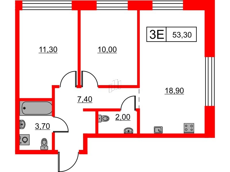Квартира в ЖК Шкиперский, 19, 2 комнатная, 53.3 м², 1 этаж
