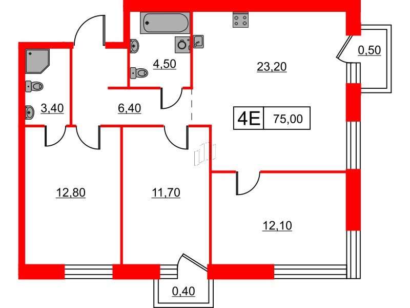 Квартира в ЖК Шкиперский, 19, 3 комнатная, 75 м², 2 этаж