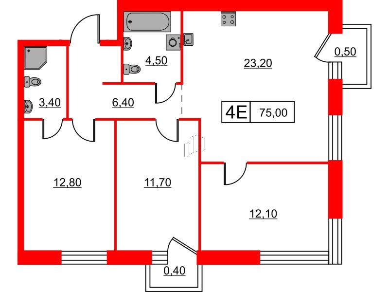 Квартира в ЖК Шкиперский, 19, 3 комнатная, 75 м², 12 этаж