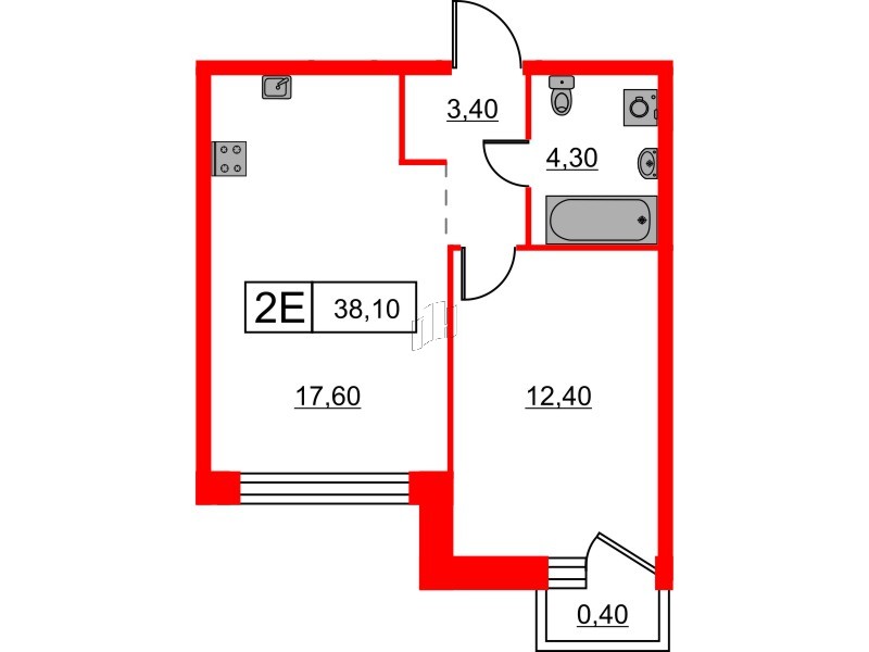 Квартира в ЖК Шкиперский, 19, 1 комнатная, 38.1 м², 11 этаж