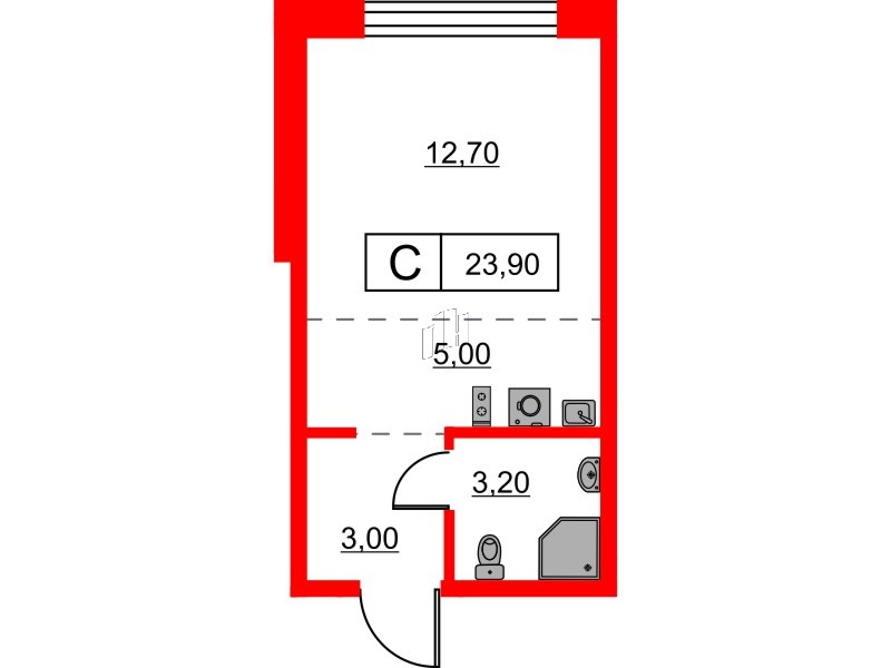 Квартира в ЖК Шкиперский, 19, студия, 23.9 м², 1 этаж